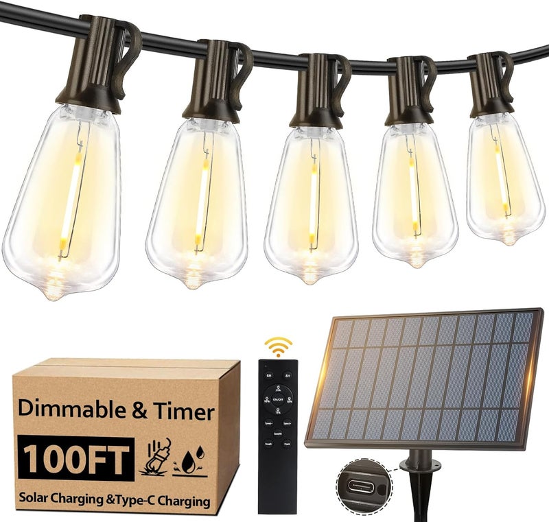 Bosceos 100FT Outdoor Solar String Lights with Remote, USB Rechargeable LED Patio Lights with 52 Timer Dimmable ST38 Edison Bulbs, Enhanced 5W Solar Panel Outside Hanging Lights for Porch Garden Deck Backyard - Image 1
